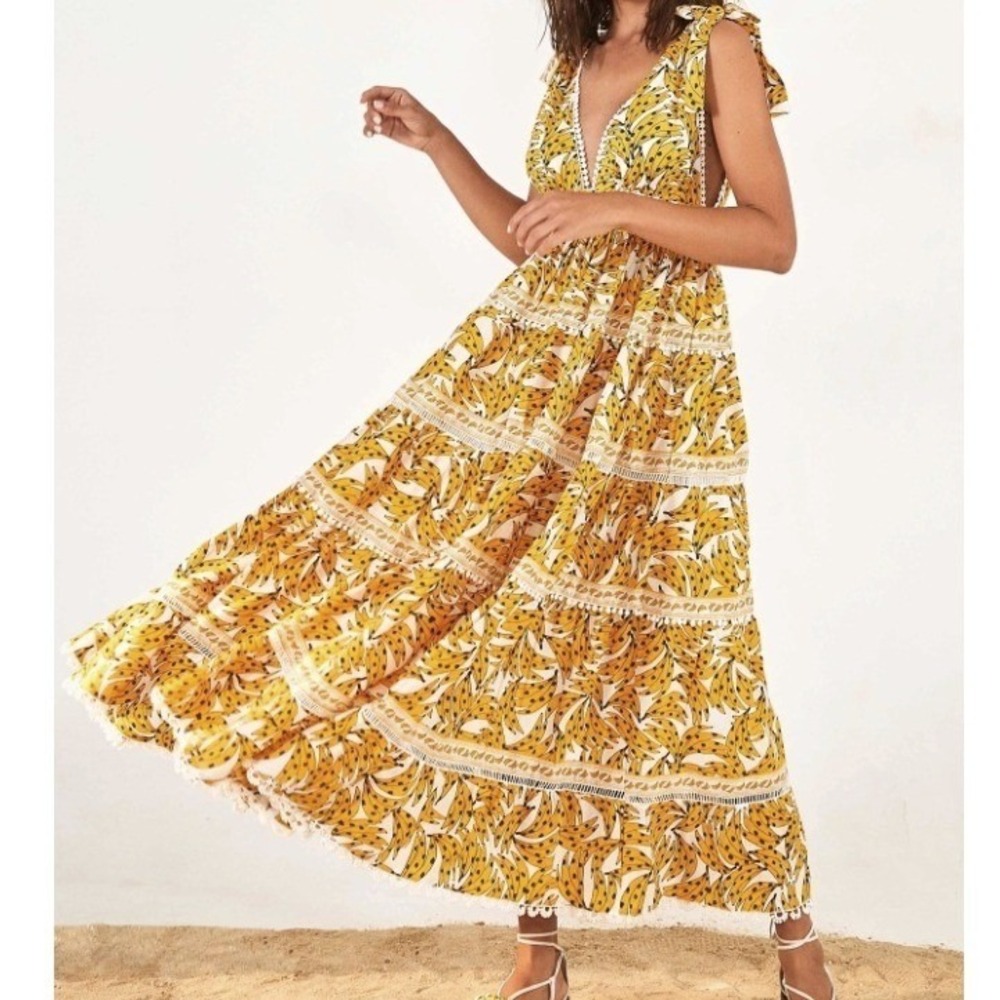 Farm Rio Maxi Dress Yellow Banana Print Lace Trim Fall Wedding Boho Medium NWT
